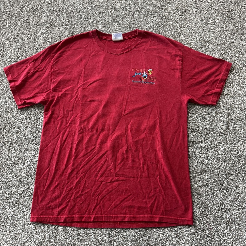 Crabby Joe's Sunglow Fishing Pier Shirt Mens Large Red Graphic Tee T-Shirt